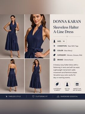 Donna Karan Navy Halter Tie-Waist Tiered Midi Dress size 14